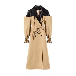 Beige Trench Coat with Black Leather Collar - Women